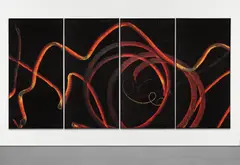 Greeting Card by Aaron Young, 2007, burnt rubber and acrylic on stained plywood, in 4 parts, sold Sep 2016