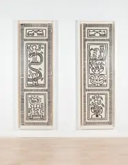 Keith Haring, Snake and Man; Dogs and Men, 1983, marker pen on wooden doors, in 2 parts