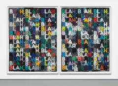 Mel Bochner, Blah, Blah, Blah, 2012, monoprint with collage, engraving and embossment on joined hand-dyed Twinrocker handmade paper, diptych