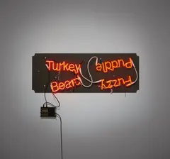 Jason Rhoades, Fuzzy Puddle/Turkey Beard, 2003, neon, Plexiglas, GTO cable, transformer and lingerie lace