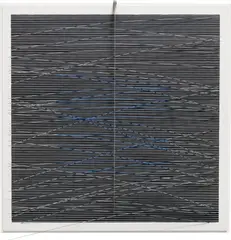 Jesús Rafael Soto, Cuadrado virtual azul, con gris, 1977, painted wood, metal rod with nylon strings