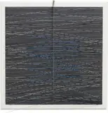 Jesús Rafael Soto, Cuadrado virtual azul, con gris, 1977, painted wood, metal rod with nylon strings