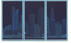 Monika Bravo, Studies for Landscape of Belief_Blueprint, NYC-BOG-CHI, 2013, blue print, archival pigment on cotton rag in wooden box, triptych