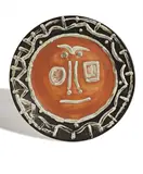 Pablo Picasso, Visage en gros relief (Face in Thick Relief), 1959, White earthenware round dish with ivory, green, mat russet and black pastel crayon under partial brushed glaze,