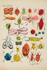 Happy Bug Day by Andy Warhol, circa 1954, Offset lithograph with extensive hand-coloring, on wove paper, the full sheet,, sold Apr 2016