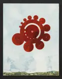 Max Ernst, Aus dem Tagebuch eines 1000-Jährigen Astronauten: er überwacht die Vollendung eines verschnörkelten Weltraums (From the diary of the 1000 year-old astronaut: he supervised the completion of an ornate space), 1970, Screenprint in colors on fiberboard with collage of red plastic and nails, mounted to a black painted wooden panel (as issued),