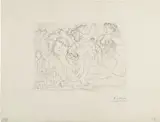 Pablo Picasso, Le repos du sculpteur devant une bacchanale au taureau (Resting Sculptor Before a Bacchanal Bull), plate 56 from La suite Vollard, 1933, Etching, on Montval paper with watermark Vollard , with full margins (deckle on two sides),