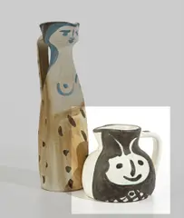 Têtes (Heads) by Pablo Picasso, 1956, White earthenware turned pitcher painted in black, white and green, with partial brushed glaze, sold Apr 2016