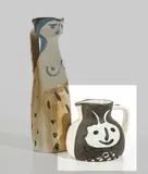 Têtes (Heads) by Pablo Picasso, 1956, White earthenware turned pitcher painted in black, white and green, with partial brushed glaze, sold Apr 2016