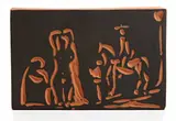 Personnages et cavalier (Figures and Cavalier) by Pablo Picasso, 1968, Red earthenware rectangular plaque painted in black,, sold Apr 2016