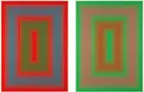 Richard Anuszkiewicz, Reflections II - Red Line; and Reflections II - Green Line, 1979, Two hand-painted screenprints in colors, on Masonite,