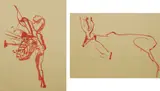 Trace I: Hirsch; and Indianer mit Pfeilen beschossen by Joseph Beuys, circa 1974, Two lithographs in red, on laid paper, the full sheets, sold Apr 2016