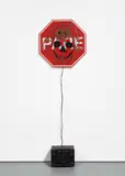 Singing Stop Sign (Señalización de Pare Cantante) by Mike Kelley and Tony Oursler, 1998, Reflective tape and screenprint in colors, on metal with bullet holes, speaker, boom box, CD and sound,, offered Apr 2016