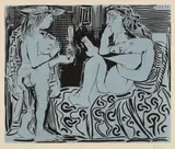 Deux femmes avec un vase à fleurs (Two Women with a Vase of Flowers) by Pablo Picasso, 1959, Linocut in colors, on Arches paper, with full margins, sold Oct 2016