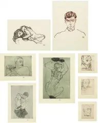 Egon Schiele, Das Graphische Werk von Egon Schiele, 1914-18/1922, The complete set of eight prints, including five drypoints, one etching and two lithographs, on Japanese and wove papers, with full margins, title page, justification and introduction by Arthur Roessler in German, the sheets loose (as issued), held with paper corners within the original cardboard mounts, contained in the original green paper-covered portfolio with label on the front