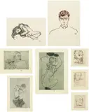Egon Schiele, Das Graphische Werk von Egon Schiele, 1914-18/1922, The complete set of eight prints, including five drypoints, one etching and two lithographs, on Japanese and wove papers, with full margins, title page, justification and introduction by Arthur Roessler in German, the sheets loose (as issued), held with paper corners within the original cardboard mounts, contained in the original green paper-covered portfolio with label on the front