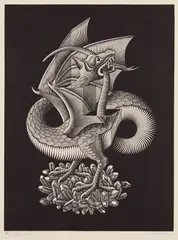 Dragon by M. C. Escher, 1952, Wood-engraving, on Japanese paper, with full margins, sold Oct 2016