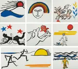 Alexander Calder, The Sacrilege of Alan Kent, 1976, The complete set of 40 aquatints in colors, on Rives BFK paper, the full sheets, 20 of the prints folded (as issued) with accompanying text by Erskine Caldwell, all loose (as issued) and contained in two original blue linen covered portfolios