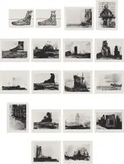 Huma Bhabha, Reconstructions, 2007, The complete set of 18 prints, including 16 photogravures and 2 woodblock prints, on Hahnemühle and Tosa Hanga paper respectively, the full sheet and with full margins, the sheets loose (as issued), all contained in the original linen-covered portfolio box with embossed text in green on the front