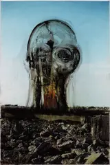 Huma Bhabha, Untitled, 2009, India ink and colored ink drawing, on color photograph