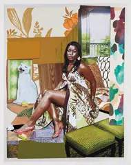 Mickalene Thomas, I Have Been Good to Me, 2015, Unique mixed media print including screenprint, monoprint, silica flocking, wood veneer and digital printing in colors, on museum board, with full margins