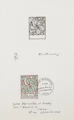 Untitled by Pierre Alechinsky, 1986, Etching and postage stamp, on Rives BFK paper, with full margins, sold Oct 2016