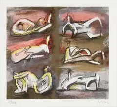 Six Reclining Figures with Red Background by Henry Moore, 1981, Lithograph in colors, on T H Saunders paper, with full margins, sold Oct 2016