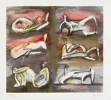 Henry Moore, Six Reclining Figures with Red Background, 1981, Lithograph in colors, on T H Saunders paper, with full margins