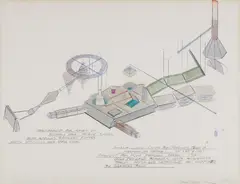 Dennis Oppenheim, Assembly Line (With By-Products from a Mechanical Trance), Project for PCVA. Portland Oregon., 1980, Blue ink, pencil and watercolor drawing, on wove paper