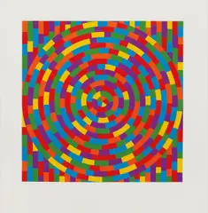 Circle with Broken Bands Within a Square by Sol LeWitt, 2003, Linocut in colors, on Somerset Satin paper, with full margins, sold Oct 2016