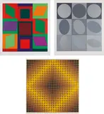 Lapidaire: two prints; and Diaf: one print by Victor Vasarely, 1968, Three screenprints in colors, on wove paper, with full margins, sold Oct 2016