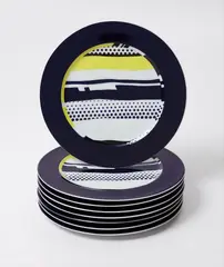 Eight abstract service plates by Roy Lichtenstein, 1990, Set of eight porcelain plates glazed in colors, all contained in the original individual boxes, sold Oct 2016