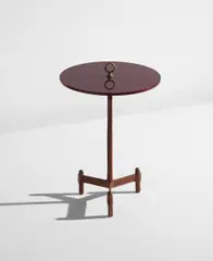 Occasional table by Jacques Adnet, 1950s, Leather, reverse-painted glass, brass, sold Jun 2016