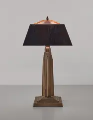 Franklin E. Booth, Table lamp, circa 1929, Painted metal, plastic, colored and iridized glass