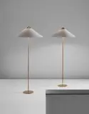 Two floor lamps, model no. 9602 by Paavo Tynell, 1950s, Brass, cane, painted metal, linen shades, sold Jun 2016