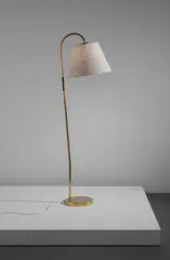 Idman, Floor lamp, model no. 62043, 1950s, Brass, leather, linen shade