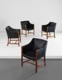 Set of four rare armchairs by Børge Mogensen and Hans J. Wegner, circa 1945, Mahogany, leather, brass, offered Jun 2016