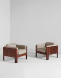 Isamu Kenmochi, Pair of armchairs, circa 1967, Rosewood-veneered plywood, fabric