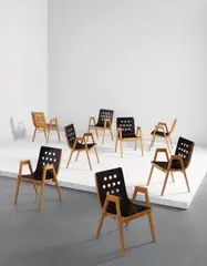 Roland Rainer, Set of eight armchairs, designed for the Vienna City Hall, circa 1953, Beech, painted and laminated beech, chromium-plated steel, steel