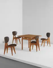 Junzo Sakakura, Table and set of four chairs, designed 1950 and 1953, Beechwood, beechwood-veneered plywood, patinated copper