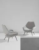 Gastone Rinaldi, Pair of rare armchairs, model no. DU55a, circa 1955, Painted steel, fabric
