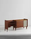 Gio Ponti, Sideboard, 1950s, Mahogany-veneered wood, glass, vinyl, brass