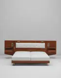 Gio Ponti and Ettore Calvelli, Double bed, designed for Casa Matteo Longoni, 1950s, Sapele veneered wood, brass, silvered metal, laminate, fabric