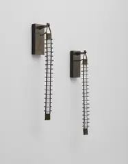 Franco Albini, Pair of rare wall lights, designed for the National Institute of Assurance Office Building, Parma, 1950-1954, Patinated brass, painted wood