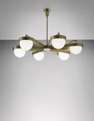 Arredoluce, Rare chandelier, 1950s, Brass, frosted glass