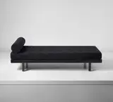 Jean Prouvé, S.C.A.L. bed, model no. 450, circa 1951, Painted steel, oak, fabric