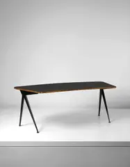 Curved "Compas" desk by Jean Prouvé, circa 1953, Painted bent sheet steel, painted tubular steel, oak-veneered wood, laminated wood, sold Dec 2016