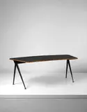 Jean Prouvé, Curved "Compas" desk, circa 1953, Painted bent sheet steel, painted tubular steel, oak-veneered wood, laminated wood