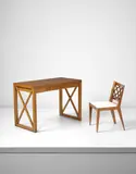 Jean Royere, "Croisillon" desk and chair, circa 1955, Oak-veneered wood, oak, brass, fabric