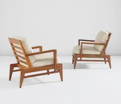 René Gabriel, Pair of armchairs, 1940s, Oak, fabric